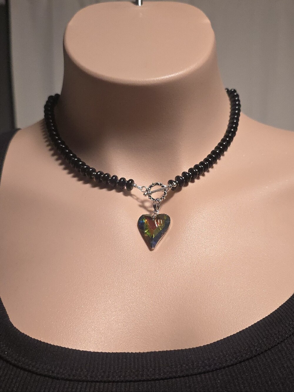 Black Rondelle Bead Heart Necklace – Iridescent Crystal Heart Pendant - Picture 2 of 3